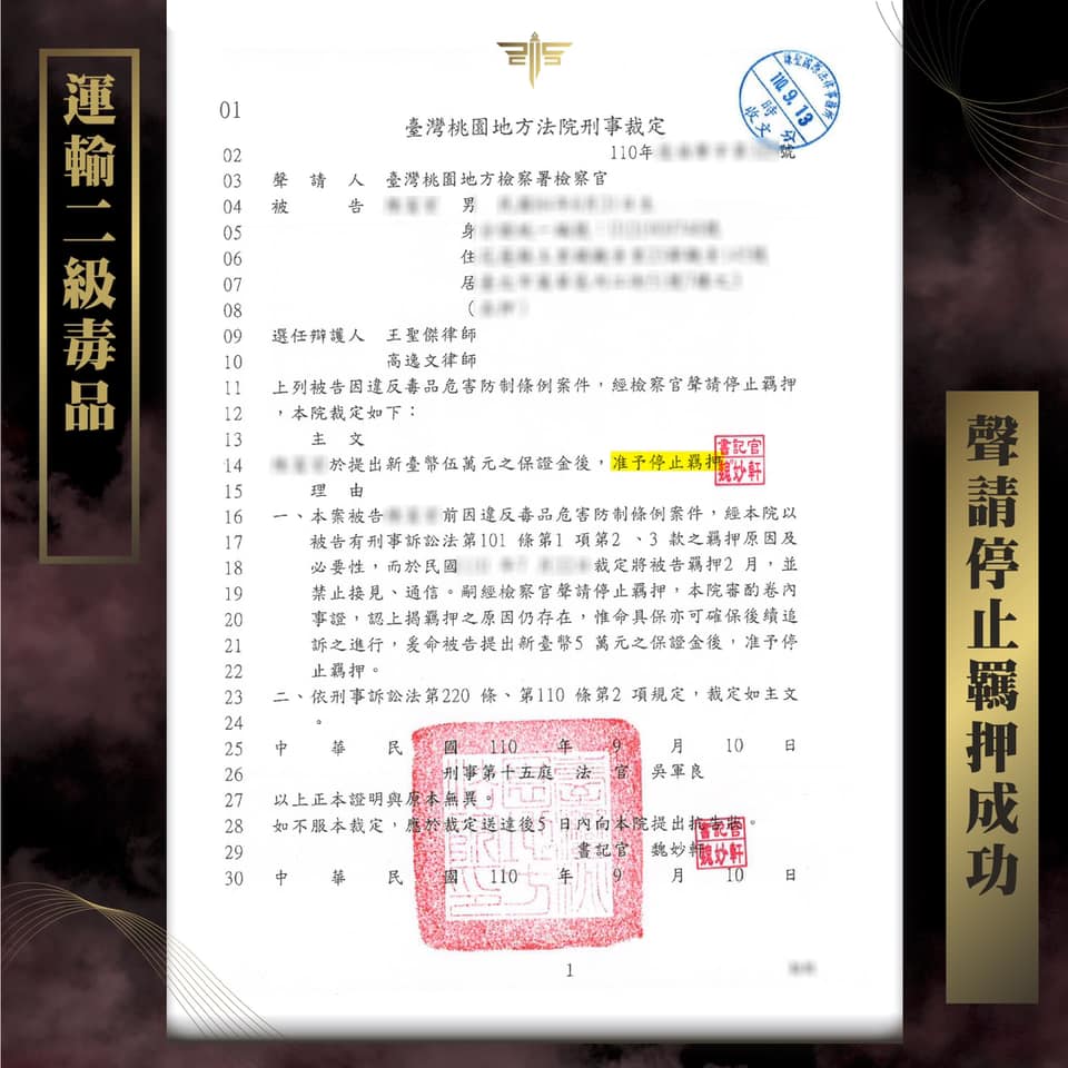 運輸二級毒品案件聲請停止羈押成功，謙聖國際法律事務所成功案例。