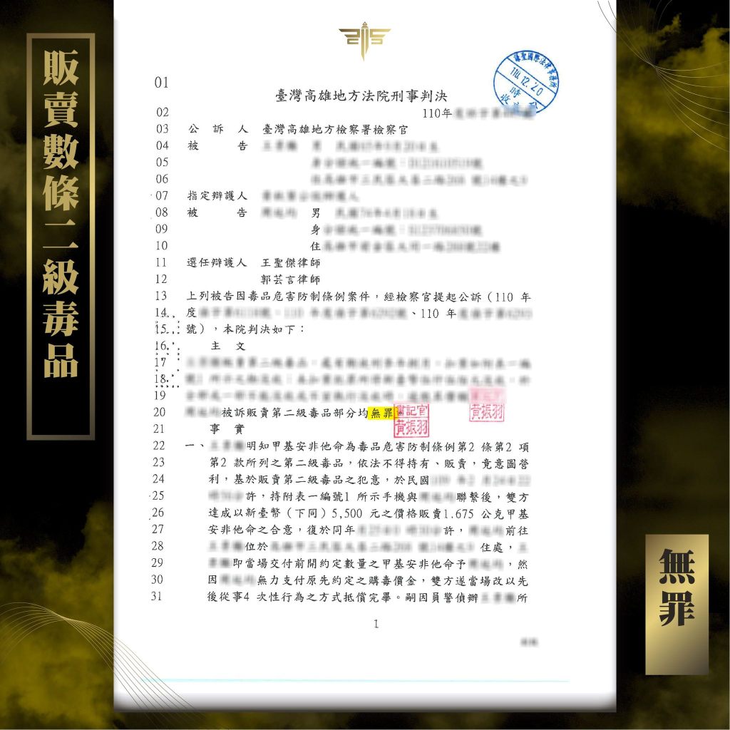 販賣數條二級毒品判無罪，謙聖國際法律事務所成功案例。