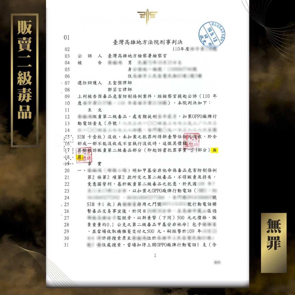 販賣二級毒品判無罪，謙聖國際法律事務所成功案例。