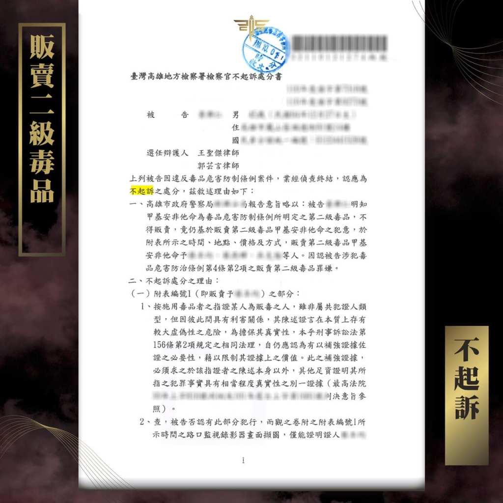 販賣二級毒品判不起訴，謙聖國際法律事務所成功案例。