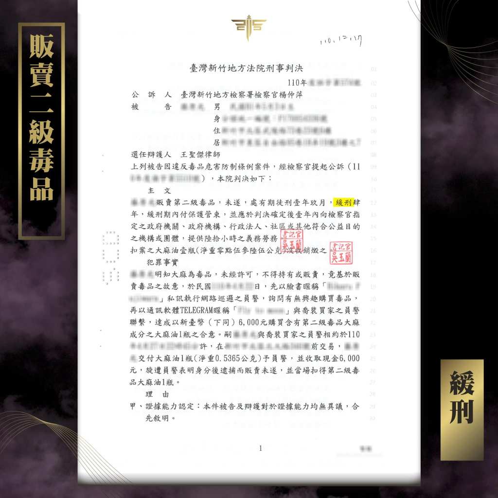 販賣二級毒品判緩刑，謙聖國際法律事務所成功案例。