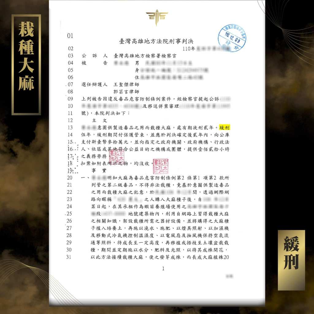 栽種大麻案件獲判緩刑，謙聖國際法律事務所成功案例。