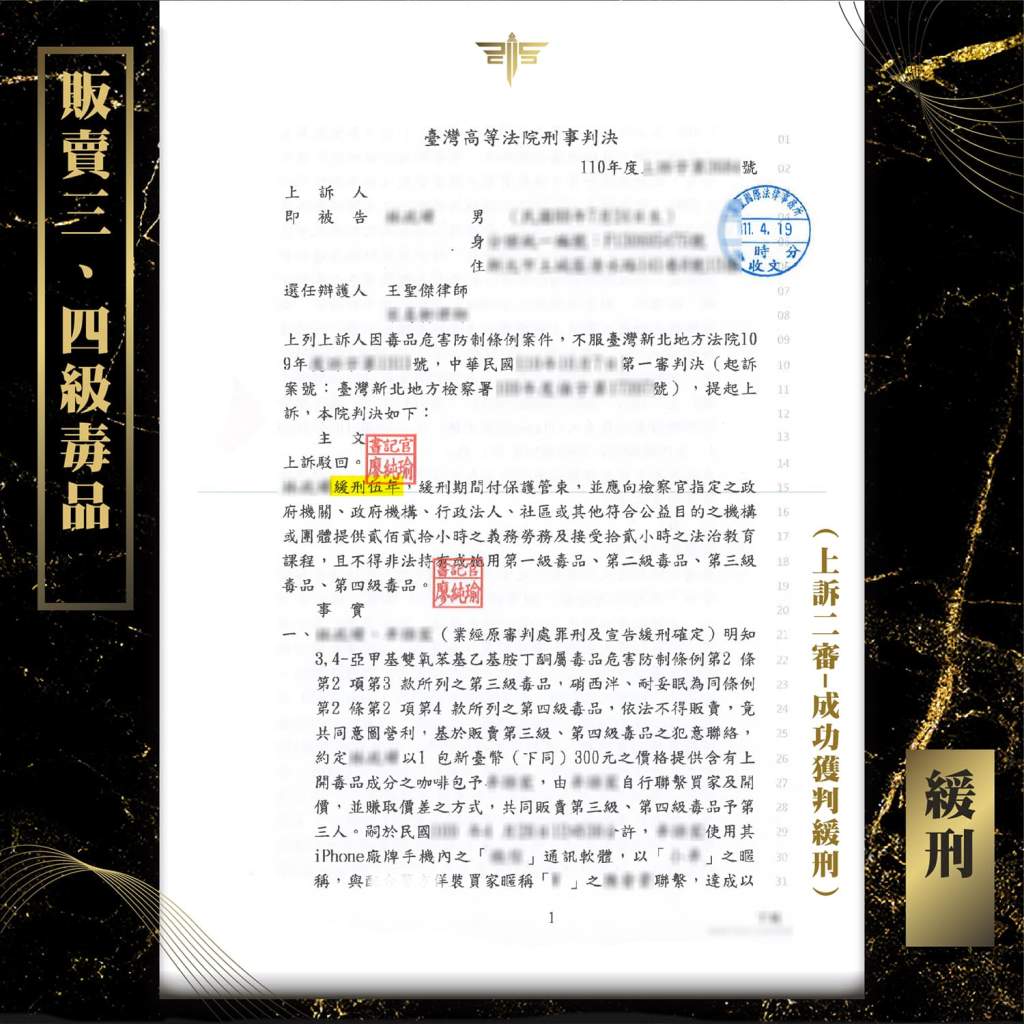 販賣三、四級毒品判緩刑，謙聖國際法律事務所成功案例。