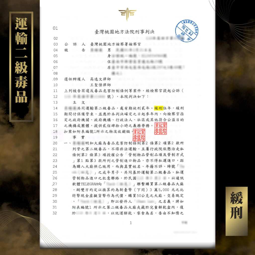 運輸二級毒品案件獲判緩刑，謙聖國際法律事務所成功案例。