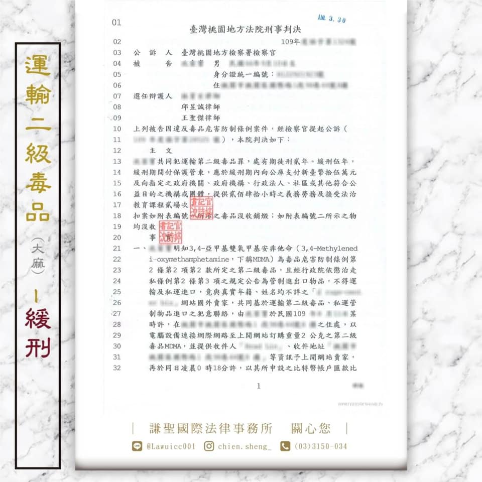 運輸二級毒品大麻判緩刑，謙聖國際法律事務所成功案例。