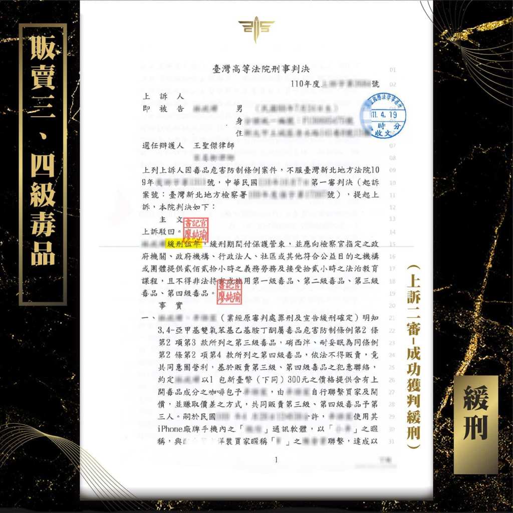 販賣三、四級毒品緩刑