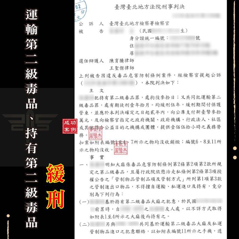 運輸二級毒品🔸緩刑🔸、謙聖國際法律事務所成功案例