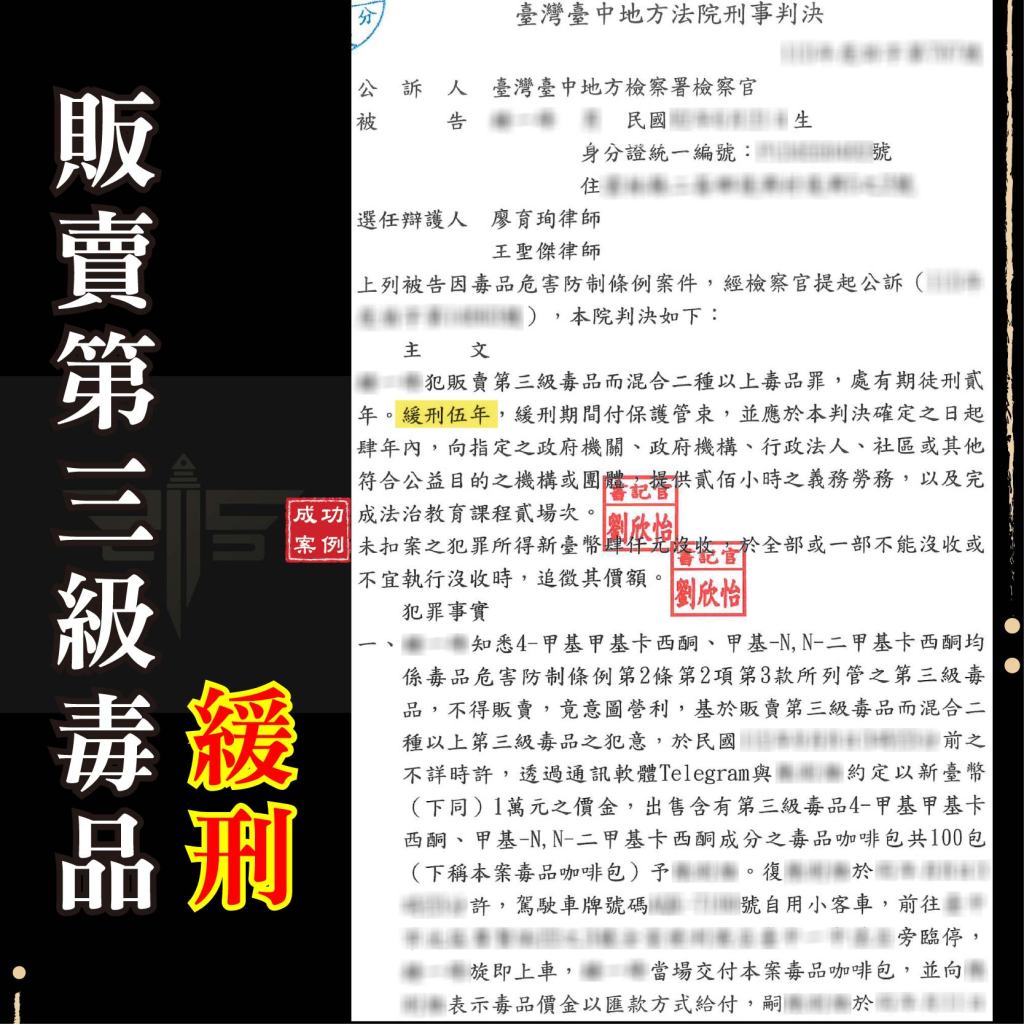 被咬販賣毒品🔸緩刑🔸、謙聖國際法律事務所成功案例